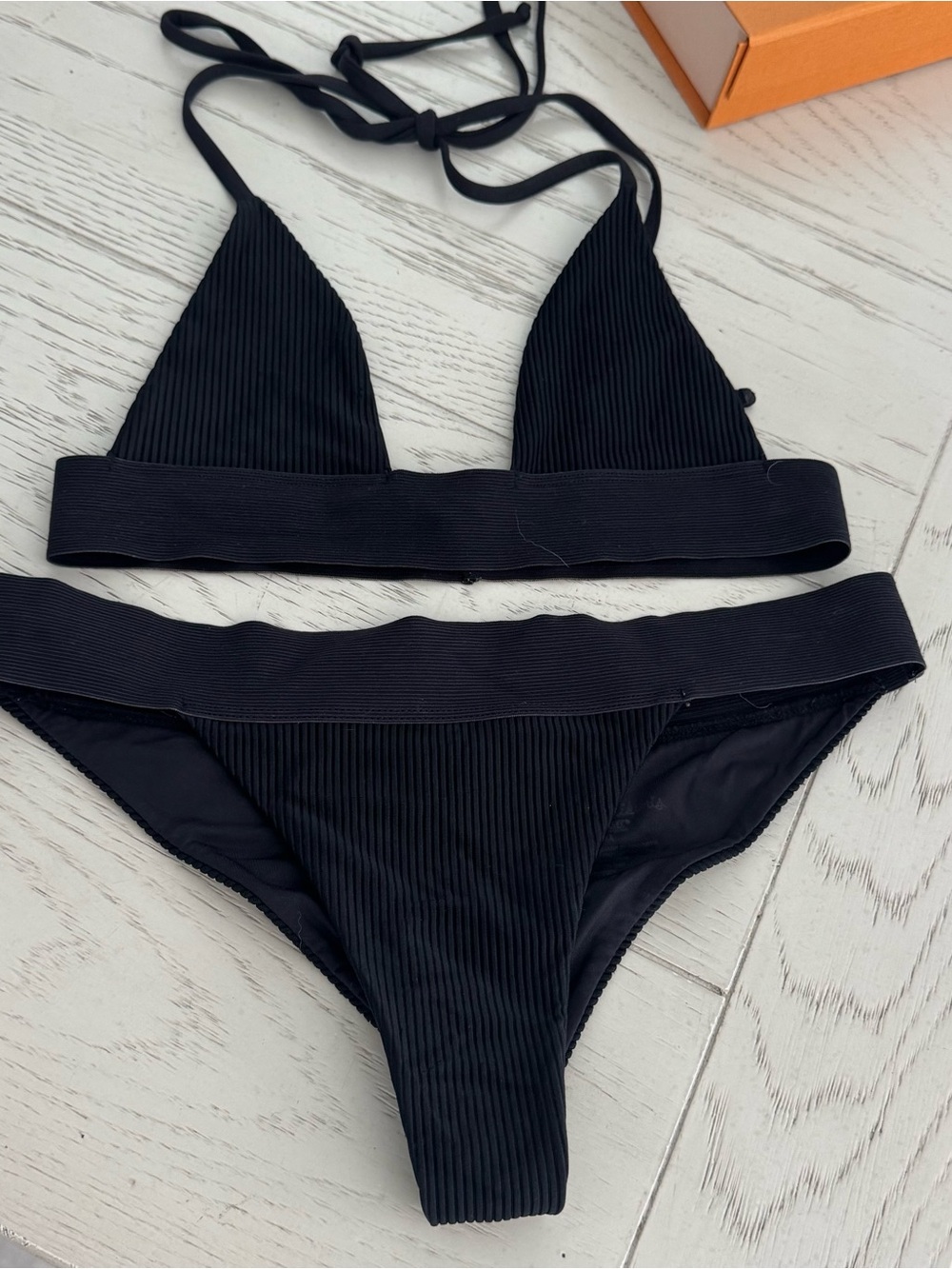 Frankie's Bikinis Black Ribbed Triangle Bikini Set